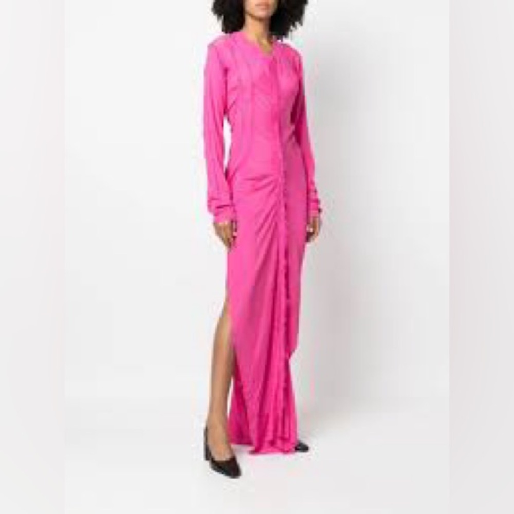 Long Sleeve Fuchsia Maxi Dress - Elegant Ruched Front